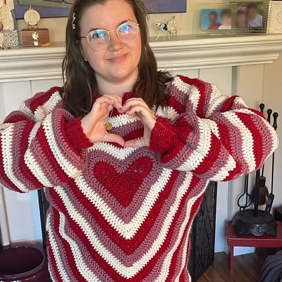 Handmade Crochet Heart Sweater—Glittery and Full Of Personality, One Of A Kind - Picture 2 of 3